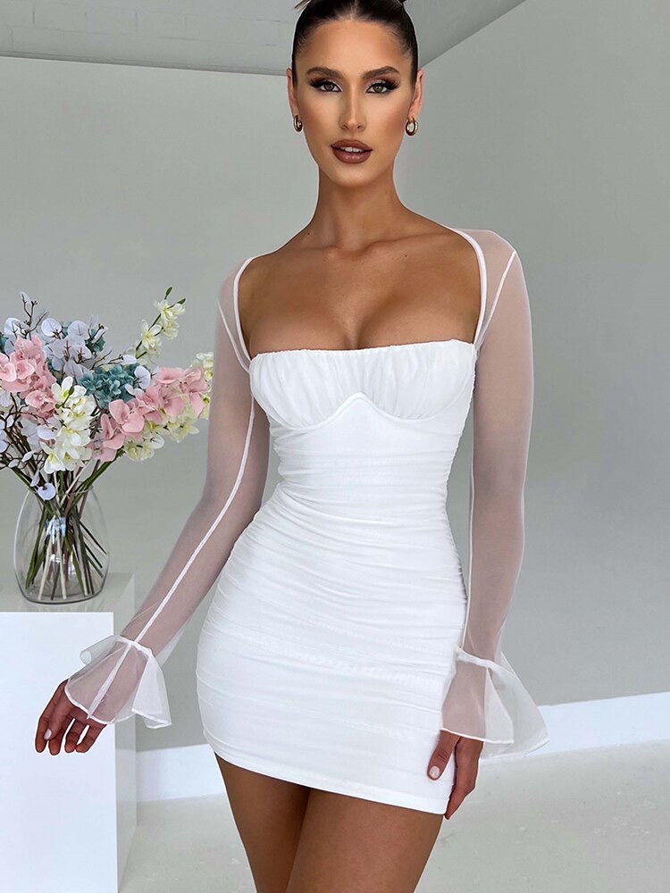 Sheer Sleeve White Bodycon Long Sleeve Dress